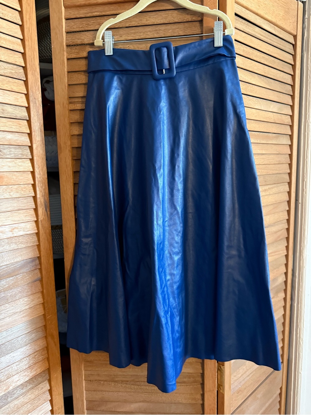 SHEIN Royal Blue Faux Leather A-Line Midi Skirt with Belt